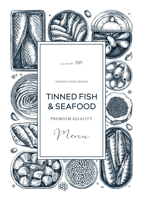 Tinned fish board frame design. Seafood background with hand-drawn sardines, anchovy, mackerel, tuna, mussels in tin cans, fish canape drawings. Healthy food banner with tinned fish sketches. 